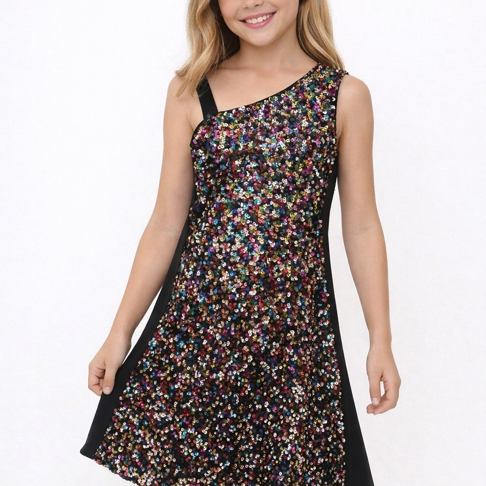 HANNAH BANANA 🩷💛 Sequin One-Shoulder Multicolor Dress size 10 NWT